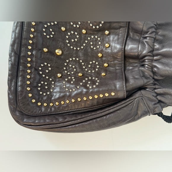 Yves Saint Laurent Vintage Brown Leather Studded Fringe Black Tie Handbag - Picture 9 of 15